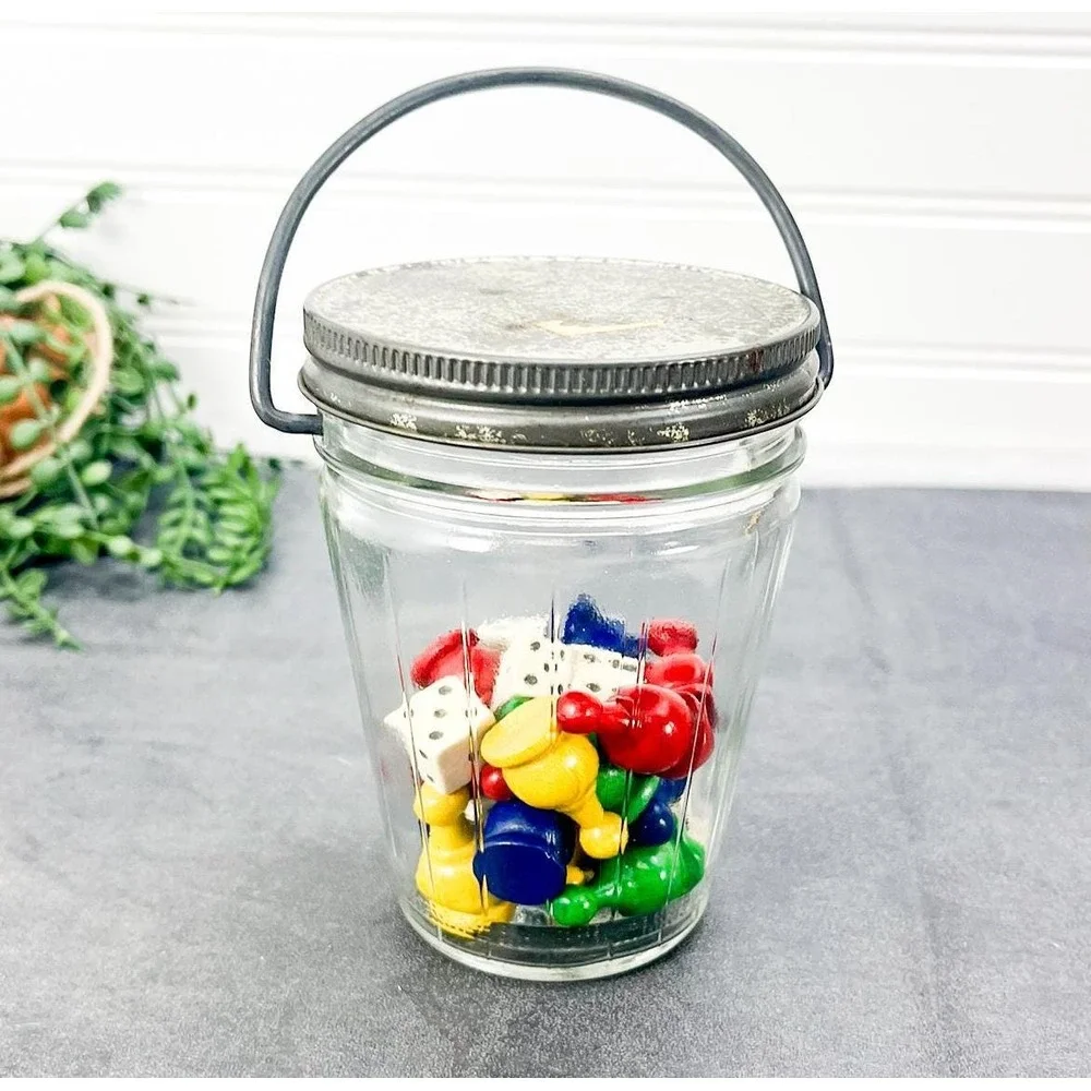 Vintage‎ Board Game Pieces in Mason Jar: Trinket Shelf Decor